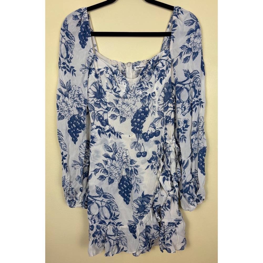 REFORMATION Cammi Mini Dress Corsica Blue Women Size 4 Floral Long Sleeve Garden - Picture 2 of 12